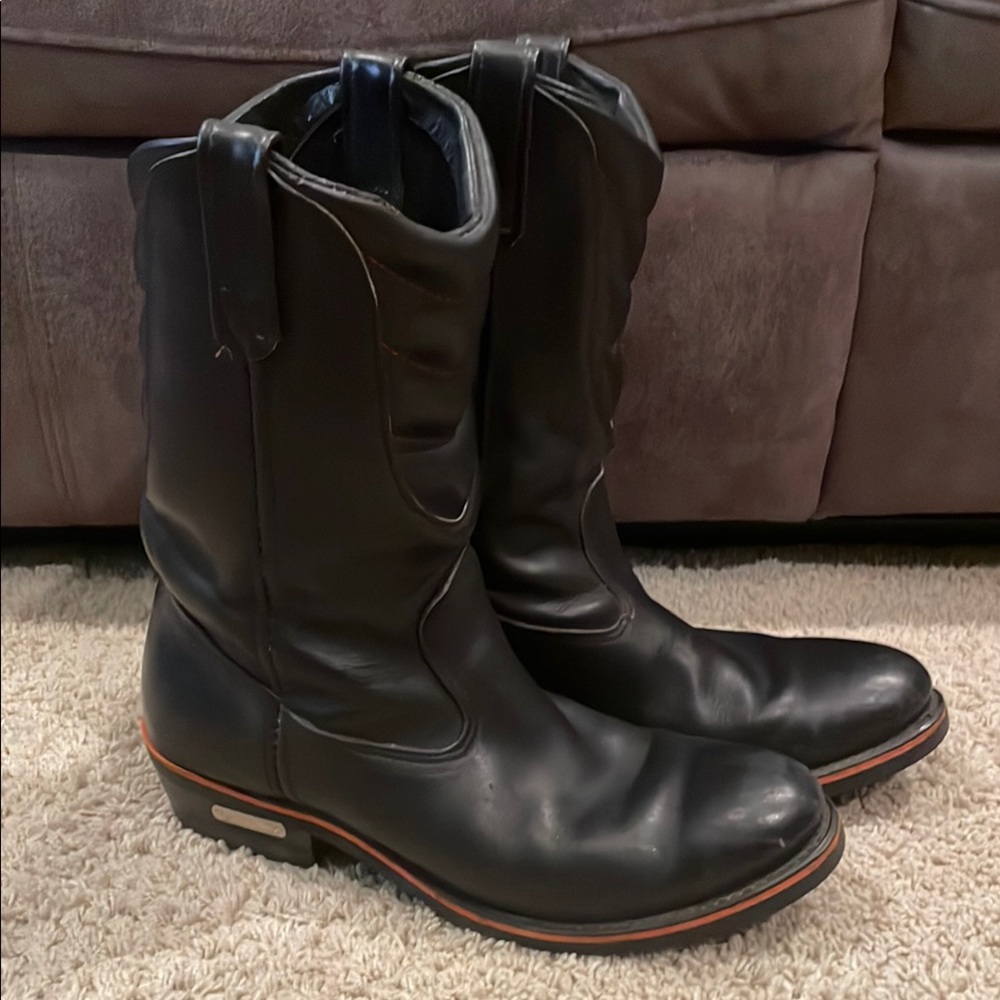 Harley-Davidson Black Leather Pull-On Men's Boots with Orange Trim - Picture 7 of 16